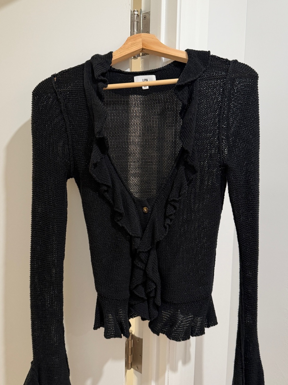 LPA Black Ruffle-Trim Knit Cardigan